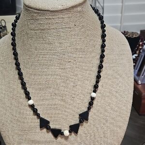 Vintage  Black Glass Bead  Necklace with Carved Accents - Women Jewelry